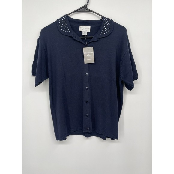 christopher & banks Embellished Jeweled blue short sleeve  Botton Up Cardigan XL - Picture 1 of 6